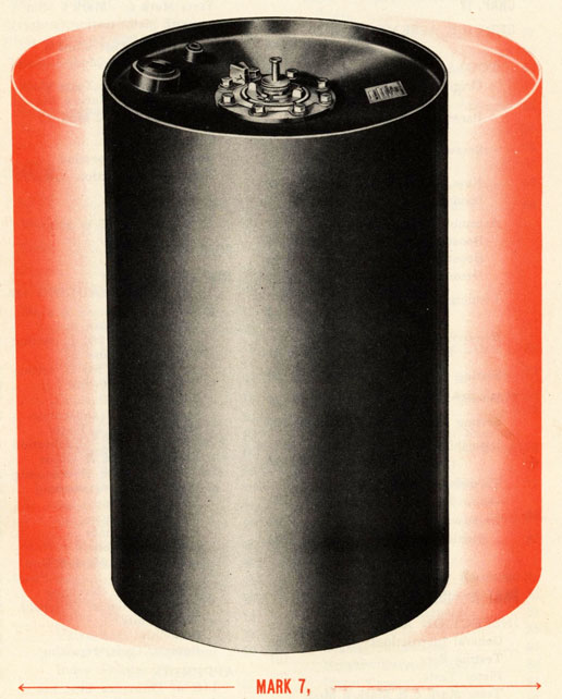 THE MARK 6 DEPTH CHARGE ASSEMBLED, with shadow of Mark 7 size around it.