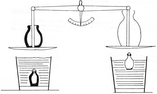 Balance scale with heavy container down vs light container up.