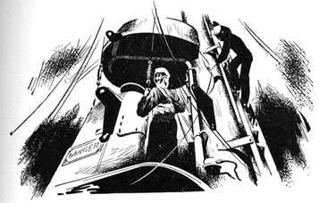Drawing of sailors aloft working on antennas.