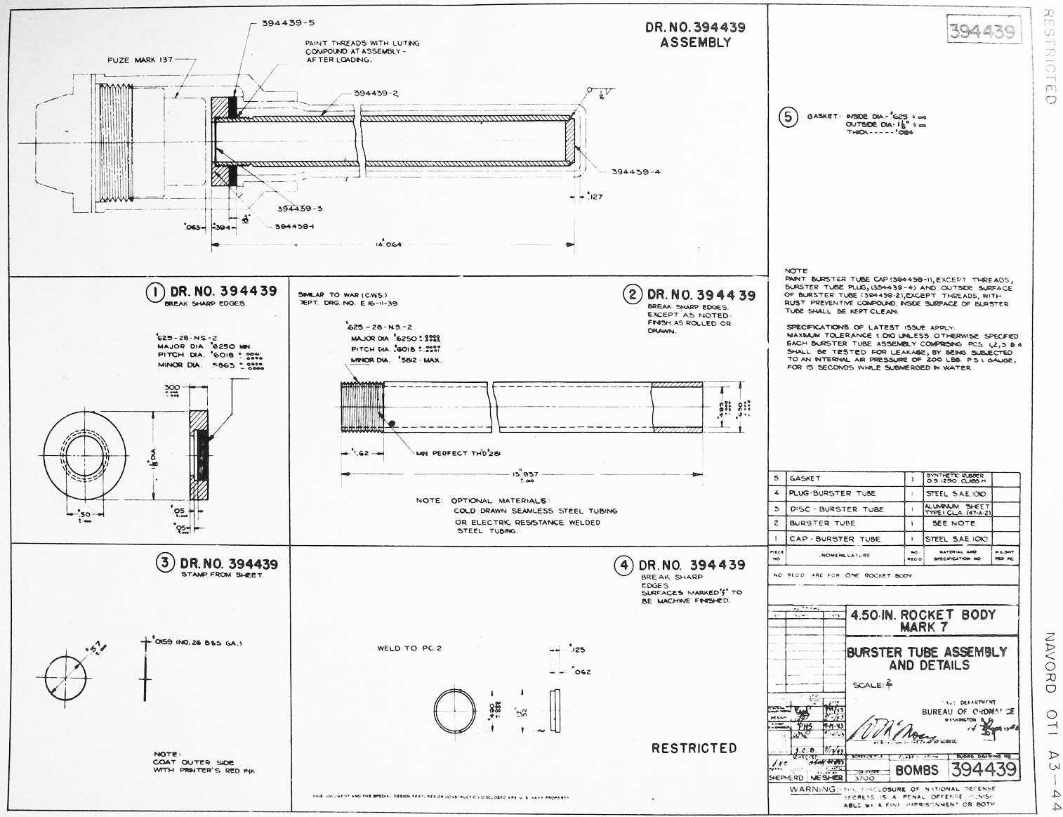 4.50 IN. ROCKET BODY MARK 7
BURSTER TUBE ASSEMBLY
AND DETAILS
394439