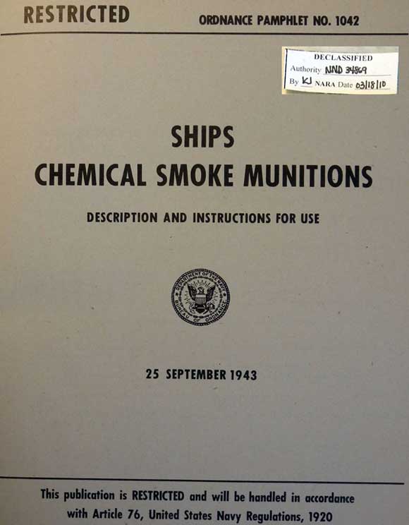 RESTRICTED ORDNANCE PAMPHLET NO. 1042
SHIPS
CHEMICAL SMOKE MUNITIONS
DESCRIPTION AND INSTRUCTIONS FOR USE
Department of the Navy Bureau of Ordnance
